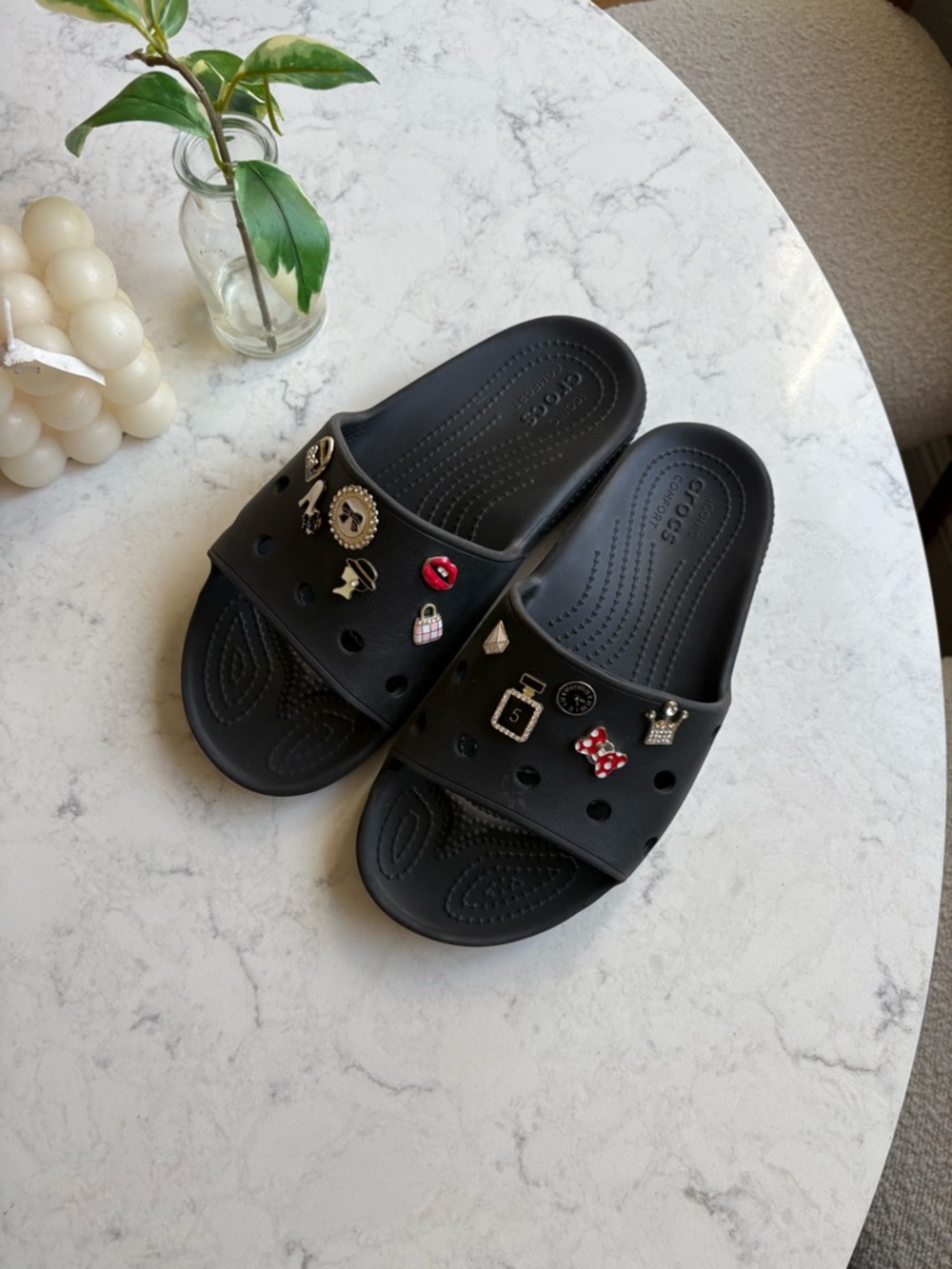 Black Crocs Slide Sandals with Charms 7